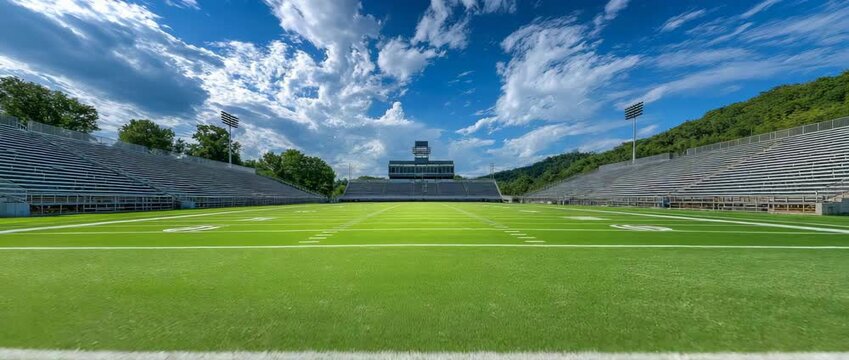 Under a blue spring and summer sky, a green football field with bleachers