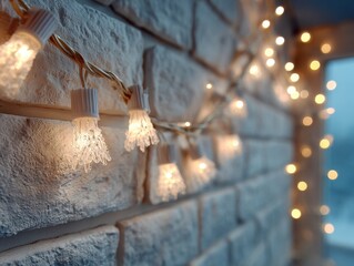 Elegant string lights illuminating a textured white brick wall