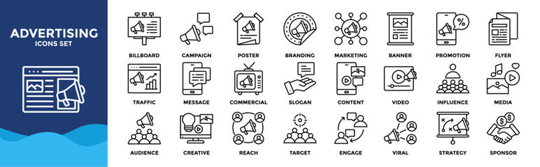 Advertising icon set collection. Icon pack contains advertising, branding, promotion, marketing, campaign, banner, poster, flyer, billboard, commercial