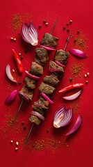 Spiced beef suya skewers with onions and pepper garnish on red background, dish from Nigeria, food photo, template for social media, digital ads, web banners, mobile wallpapers, greetings card