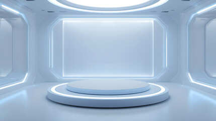 Minimal Futuristic Product Display Podium in Clean Sci-Fi Room
