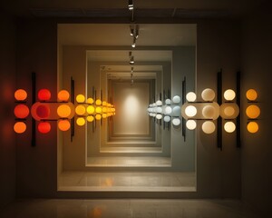 Modern Interior with Colorful Spheres and Reflective Surfaces