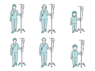 点滴スタンドを押して歩く患者のイラストセット（全世代・男女）