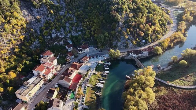 Aerial view of  Rijeka Crnojevica, Montenegro.