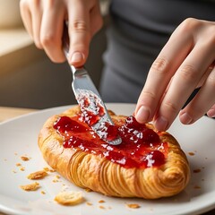 Spreading vibrant strawberry jam over a freshly baked golden croissant
