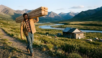 Farmer Carrying Firewood in Rural Landscape.