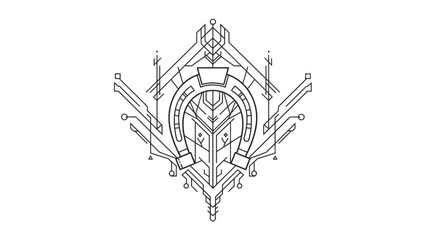Geometric abstract emblem intricate line art design with futuristic elements isolated on white backg