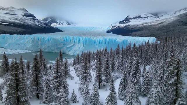 Snowy pine trees lead to a large, bright blue glacier beneath a mountain range