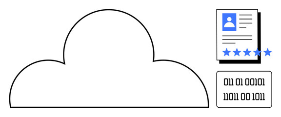 Cloud design linked with digital user profile showing personal information and ratings alongside binary code. Ideal for data storage, cybersecurity, online privacy, cloud software, identity