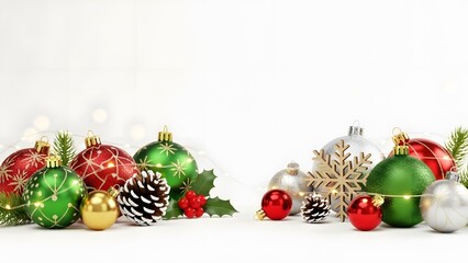 Colorful Christmas Ornaments and Pinecones with Greenery on White Background