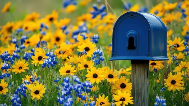 Blue Mailbox Amidst Field of Flowers: A vintage blue mailbox stands as a charming focal point amidst a vibrant field of yellow and blue wildflowers.
