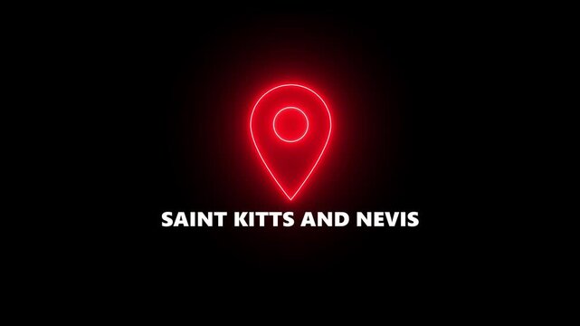 Red Neon Location Pin Icon with Saint Kitts and Nevis Text on Black Background map marker navigation
