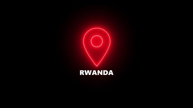 Red Neon Location Pin Icon with Rwanda Text on Black Background map marker navigation