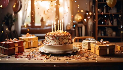 A heartwarming birthday celebration with a festive cake, surrounded by thoughtful gifts and sparkling confetti, creating a memorable moment of joy for loved ones