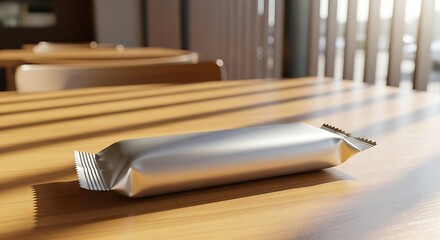 A silver foilwrapped snack bar rests on a wooden table, bathed in warm sunlight filtering through blinds