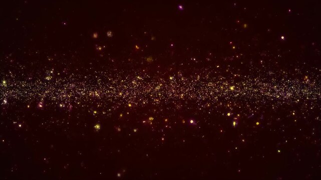 Sparkling cosmic dust floats in deep burgundy space with scattered points of light