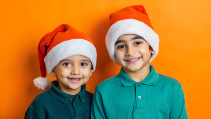 Two Happy Young Boys Wearing Santa Hats Smiling on Bright Orange Christmas Background