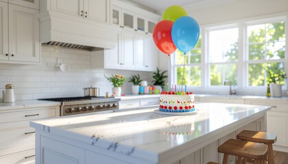 A bright and inviting modern kitchen setting the scene for a joyful celebration at home, featuring a colorful birthday cake, festive balloons, and warm natural light