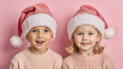 Portrait of Two Happy Children, Boy and Girl, Wearing Pink Santa Hats on Pink Background