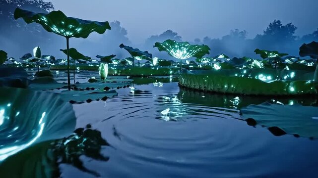 Bioluminescent pond at night with glowing aquatic plants rippling water and serene mystical natural landscape atmosphere. Bioluminescent pond at night. Glowing water plants landscape