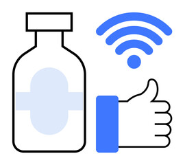 Digital healthcare. a medication bottle, wireless connectivity symbol, and thumbs-up icon signifying approval. Digital healthcare innovation, medication access, and remote medical services. Perfect