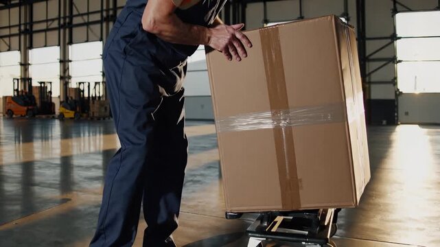 Warehouse worker moves cardboard box on dolly. Man in uniform pushes parcel through logistics center. Senior employee working in distribution hub. Warehouse worker handling big cardboard box shipment.