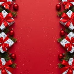 Christmas frame background with gift boxes and fir branches for holiday design, red festive layout