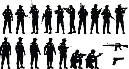 Police silhouettes, tactical stance, armed officers, law enforcement, vector clipart, security illustration, rifle, handgun, black and white, patrol