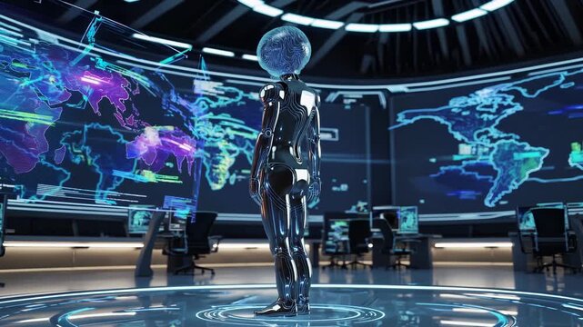 Robot with an exposed brain stands in a futuristic control room. This AI is in a command center with a global data screen. The robot represents future technology and artificial intelligence.