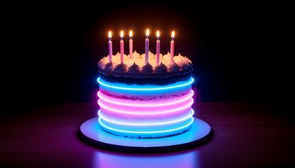 A vibrant, multi-layered cake illuminated by glowing neon lights, perfect for celebrations