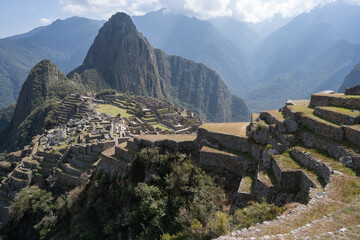 Scenic Landscape of Machu Picchu Inca Ruins and Huayna Picchu Peak Peru