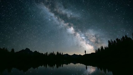 Night Sky Milky Way Over Calm Lake Landscape.