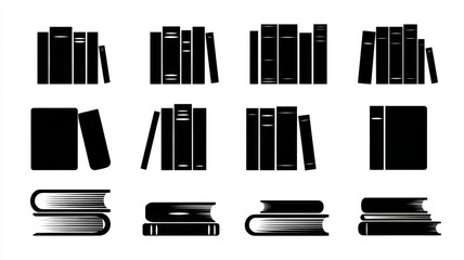 Set of book icons in black silhouette, vector illustration of stacked and open books on white background for education, reading, literature, and knowledge-themed design projects