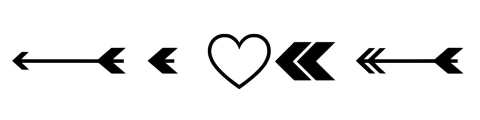 Black arrow and heart icons set featuring minimal solid shapes isolated on white background ideal for love romance valentine wedding and graphic design