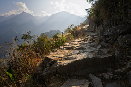 Scenic Stone Path on Inca Trail to Machu Picchu Peru at Sunrise