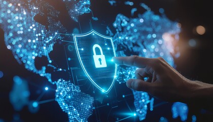 A hand touching a digital shield with a padlock over a global network map, symbolizing cybersecurity protection, data privacy, secure networks, and global information security technology.