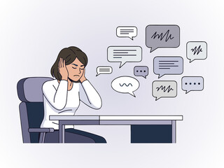 Stressed Woman Covering Ears to Ignor Noice and Gossip 