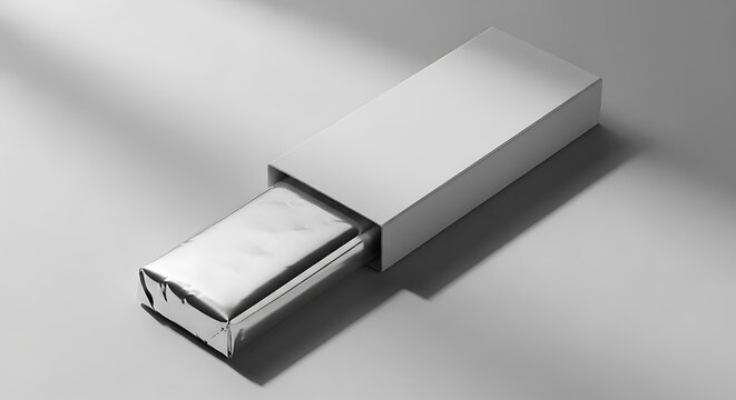 A minimalist, highangle shot of a white gum wrapper with a silver foil interior, partially pulled out of its white cardboard sleeve, casting a soft shadow on a plain surface