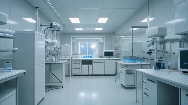 Sterile laboratory with white tables, equipment, and bright fluorescent lights
