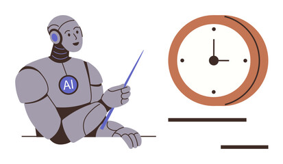 AI robot holding pointer next to clock, highlighting efficiency, teaching, technology, time management, automation, innovation and productivity. Ideal for learning progress future vision. Simple