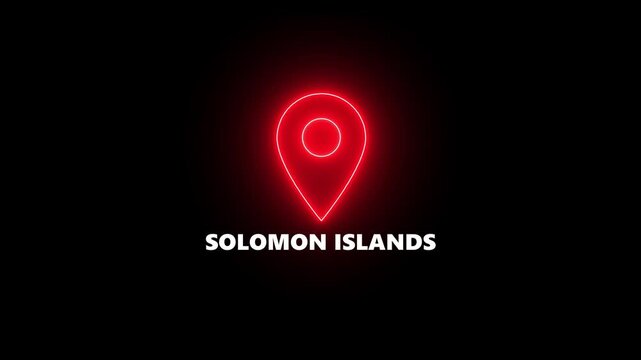 Red Neon Location Pin Icon with Solomon Islands Text on Dark Background map marker navigation