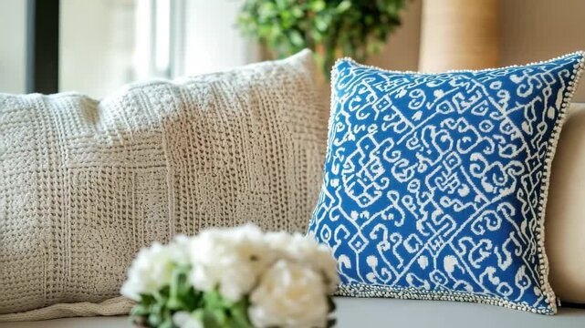 Cozy Cushion Scene: A collection of decorative cushions and vibrant blue patterned cushion against a sofa, creating a cozy and inviting ambiance