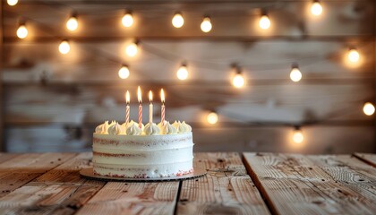 A beautifully decorated white layer birthday cake with four lit candles, creating a festive and heartwarming atmosphere on a rustic wooden table, softly illuminated by bokeh string lights