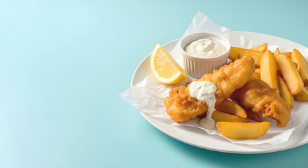 Golden British fish and chips with tartar sauce and lemon No2