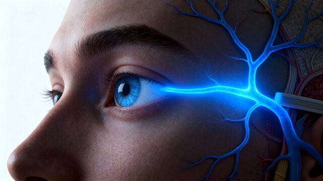Person's eye with glowing blue optic neuritis visualization. White background, vision nerve inflammation.