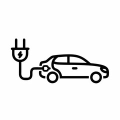 Black and white line art icon of an electric car being charged via a cable and plug, representing electric vehicle technology, e-mobility, clean transportation, and zero-emission automobiles.