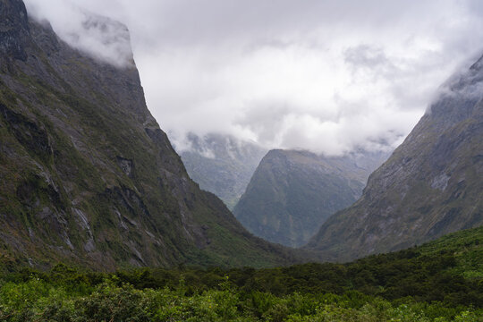 Dramatic U Shaped Valley Landscape Approaching Milford Sound New Zealand