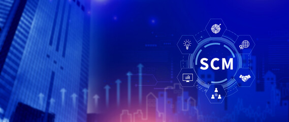 SCM concept, Supply Chain Management, Logistic and transport, Communication network. organizing and controlling resources to meet the needs of customers.