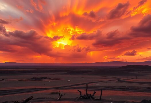 A fiery, stormy sky above a desolate, ravaged landscape,  clouds,  hellfire