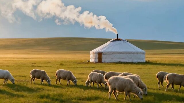 As the first light of dawn spills over the horizon, the boundless grassland unfolds in a carpet of fresh verdant green, stretching endlessly to meet the sky. Scattered across the plain, traditional yu